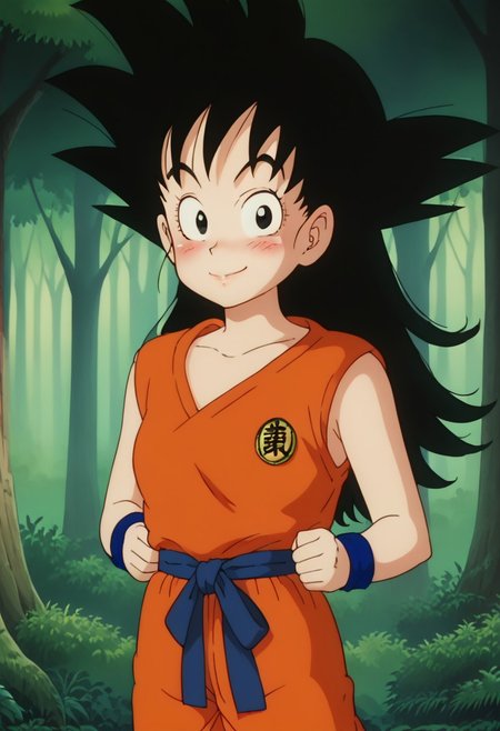 score_9, score_8_up, score_7_up , , source_anime, intricate details, masterpiece, high quality, prefect hands, best quality,, 1girl, solo,  upper body , anime screencap, 
forest , 
orange dougi, blue sash, blue wristband, sleeveless , orange pants, orange topwear,  blue under shirt,
, blush , 
looking at viewer, smile  ,  
, GGoku , black hair, black eyes, big eyeballs , spiked hair , long hair , eyelash , lips , cute , blush , medium breast ,