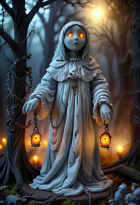 (medium full shot) of (ghostly ghost) ethereal figure, transparent fading body, fading hands, faintly glowing yellow eyes, pale, glowing softly, almost transparent with a chilling atmosphere, vengeful, chains around its wrists, carrying a puppet, set in  a dark, haunted forest, with twisted trees, dense fog, a sense of foreboding, during a full moon,  Masterpiece,best quality, very aesthetic