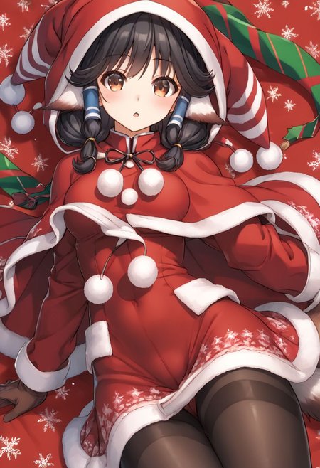 score 9, score 8 up, score 7 up, rating questionable, detailed background, <lora:aruruu.:1>, aruruu, santa, medium breasts, wide hips, black hair, brown eyes, tail, thighband pantyhose, pantyhose, hood, christmas, brown gloves, pom pom clothes, hair tubes, fur trim, black pantyhose, red leotard, red dress