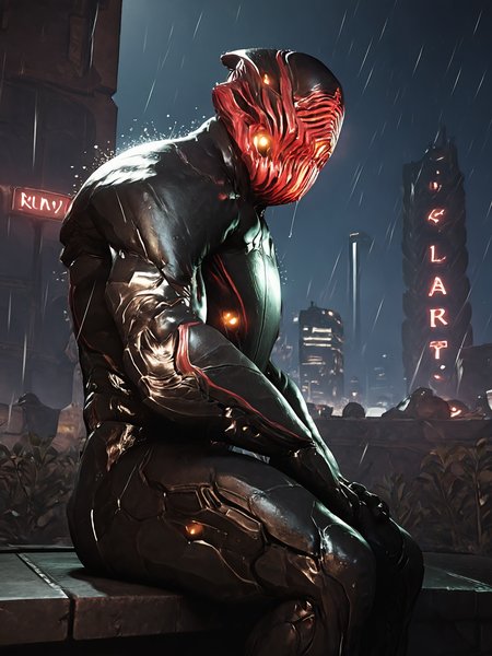 score_9, score_8_up, score_7_up, score_6_up, score_5_up, score_4_up, 3d, detailed background, science fiction, futuristic, city, neon sign, rain, rooftop, side view BREAK
<lora:StalkerWF_PDXL:0.8> StalkerWF, black body, red mask, looking away, sitting