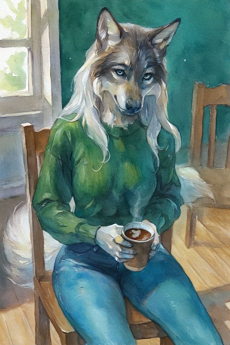 masterpiece, best quality, highres, newest, traditional media, realistic, watercolor \(medium\), anthro, furry, wolf, white fur, long hair, white hair, blue eyes, green sweater, long sleeves, blue jeans, holding cup, coffee cup, 1girl, solo, looking at viewer, cowboy shot, sitting, on chair, indoors, cafe <lora:Turquoise [LoRA] - NoobAI-XL EPS 1.0:0.8>