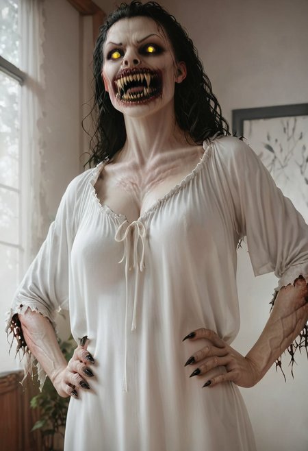 score_9, score_8_up, score_7_up, score_6_up, source_real, source_photo, a 3/4 three-quarters length portrait,very large breasts, white dress, white dress, white dress, white dress, jaws, fangs, jaws, fangs, jaws, fangs, jaws, fangs, possessed witch , possessed witch possessed witch possessed witch possessed witch,deep cleavage,  valak, veins, black veins, veins, 1girl, valak woman , female deep one, valak, source_real, source_photo, in the style of the Exorcist movie, demonic possession from the exorcist, linda blair in the exorcist, a possessed woman, bloodless lips, valak, Body horror, pale body, yellow eyes, long black hair, grey skin, black veins, monster, scary, paranormal, pale, black veins, long tangled black hair, teeth, hands on hips, front view, very pale skin, very pale grimy filthy skin, evil smile, demonic possession. Evil smile, a possessed woman,, yellow eyes, large breasts, hands by side, floating in mid-air, floating above ground, stained filthy white open old-fashioned stained filthy tattered nightgown, stained filthy old-fashioned nightgown, long nightgown,long sleeves, black pupils,  red lighting, bedroom with peeling wallpaper, horror, scary face, monstrous, evil, claws, red lighting, Expressiveh, g0thicPXL, glowing, neon,, zPDXL2, exorcist style