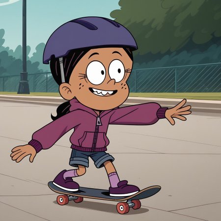 score_9, score_8_up, score_7_up, score_6_up, 1girl,solo,best quality,4k,
dark tan skin, black hair worn in a low ponytail, freckles on her cheeks, two buck teeth,show accurate, perfect anatomy, four fingers,
purple hooded jacket, dark blue jean shorts, and dark purple flats with light pink socks,
skateboarding, helmet, public park,