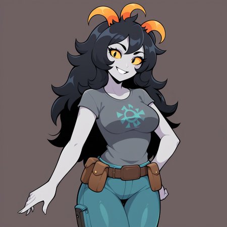 score_9, score_8_up, 
BREAK, 
serpaz, yellow sclera, solo, colored sclera, black hair, 1girl, grey skin, three horns, smile, shirt, pouch, long hair, colored skin, belt pouch, belt, looking at viewer, overcoat, breasts,
