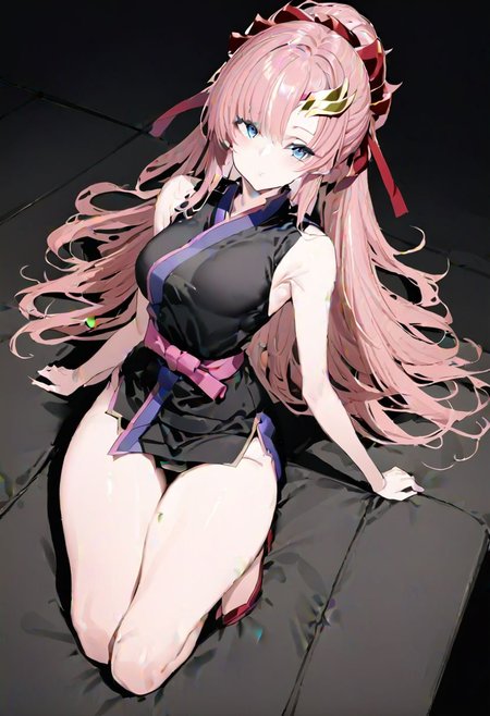masterpiece, best quality, ultra-detailed, beautiful, nai3, 1girl, solo, full_body, tachi-e, 
lacus clyne, grey eyes, pink hair, long hair, bangs, hair ornament, japanese clothes, black sleeveless kimono, bare shoulders, red hair ribbon