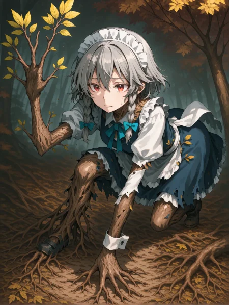 1girl,solo,(amaichi esora:0.8), (stu dts:0.7), (remsrar:0.6), (na tarapisu153:0.8), (fuya:0.7), (tempupupu:0.77), leaf,treetf,treetfbody, treetfroots , treetfbranches ,tree skin,torn clothes,izayoi sakuya ,touhou,red eyes,grey hair,hair between eyes,hair bow,braid,maid,maid headdress,puffy short sleeves,white apron,bow, blue bow ,bow tie,ribbon,blue dress,white shirt,wrist cuffs,collared shirt,frills,sweat,sweatdrop,frown , nature, dungeon,  fullbody, face palm ,leaning forward, crawling , from above , trembling,autumn leaves ,masterpiece,best quality,amazing quality, <lora:treetf_05242_7084b1:1.6>