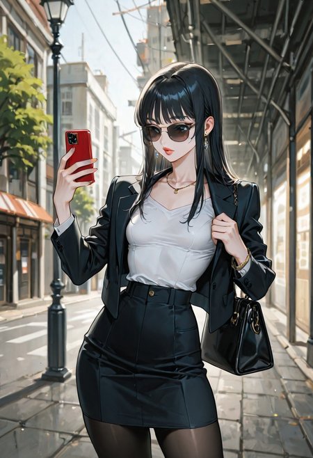 (detailed background:1.1), dynamic pose, (bloom, depth of field, vignetting:1.2), street, 1girl waiting to cross the street, lamppost, 
BREAK
(1girl, solo), black hair, long hair, bangs, long sidelocks, sunglasses, thick lips, standing, holding phone, looking at phone, smartphone, handbag, 
BREAK
office lady, suit, white shirt, suit jacket, black jacket, tight skirth, black pantyhose, necklace, earrings, 
BREAK
small breasts, pointy breasts, (skinny, narrow waist:1.2), (thick thighs:1.2), (hip dips:1.1), 
<lora:SOS_Style_-_Illustrious:1>