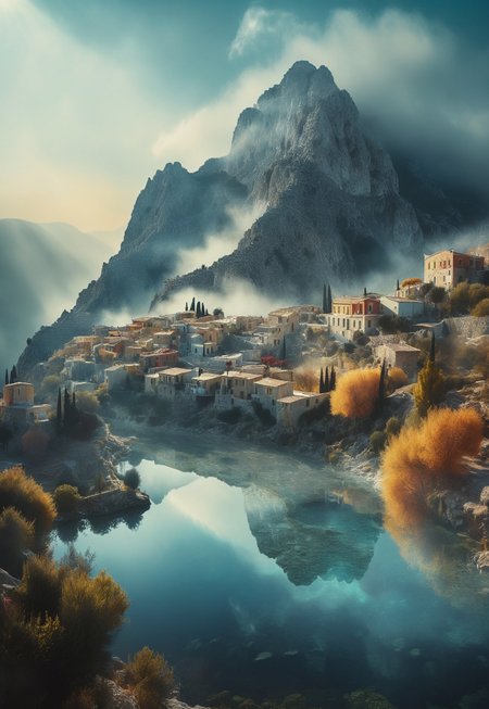 their peaks veiled in mist. mixed media, surrealism, great lighting, A surreal landscape highly detailed . extremely high-resolution details,  appears trapped in an optical illusion of reflections and refractions colorful , mountains and village in Ancient Greece , professional photography, natural lighting, volumetric lighting maximalist. intricately detailed, complex, elegant, expansive, fantastical, film photography style,  medium grain
 (8k uhd:1,4)
(((full-clothed))),
 <lora:add-detail-xl:1>
 <lora:Dynamic Poses:1>