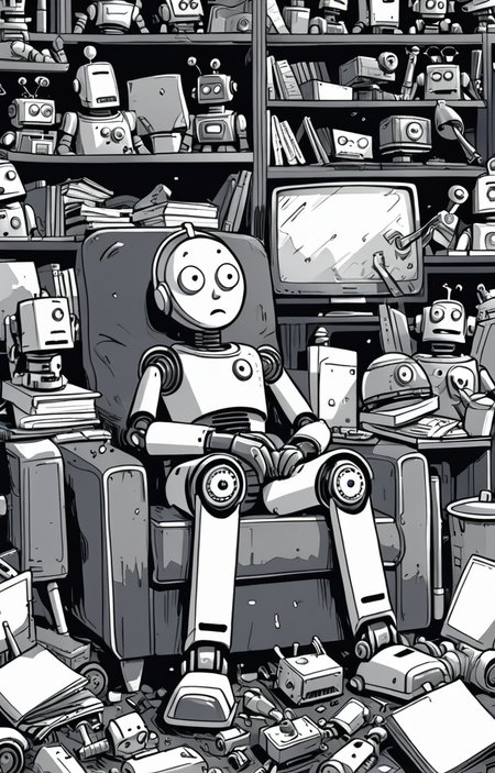 masterpiece,best quality,<lora:tbh373-sdxl:0.6>,illustration,style of exhausted people ,greyscale and white,comic portrait of Housework robots