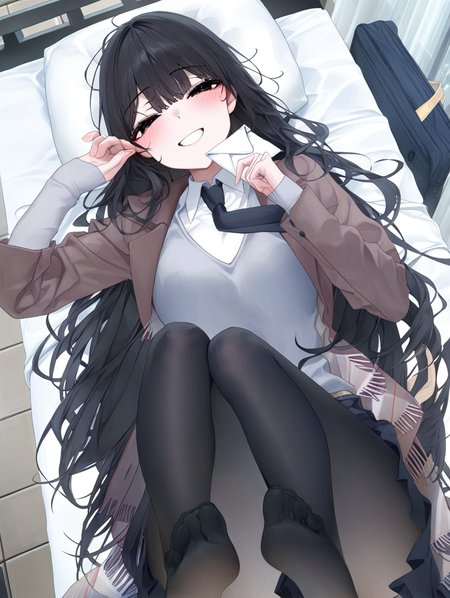 masterpiece,best quality,amazing quality,very aesthetic,absurdres,newest,scenery,<lora:yuhi kurokawa_ilxl_v1-000010:1>,yuhi kurokawa,1girl,solo,black hair,long hair,blush,school uniform, bag,skirt,black pantyhose,black eyes,brown jacket,white shirt,black necktie,lying,looking at viewer,on bed,teeth,smile,holding envelope,pillow,open clothes,scarf,feet up,