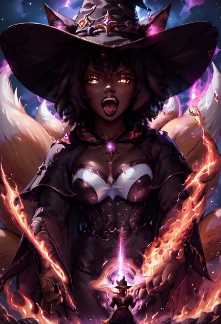safe_pos, (score_9, score_8_up, score_7_up), 8K, (best quality:1.2),
((1girl)),
dark skin, black hair, perfect beautiful face, (very short round afro: 1.8), (((Kitsune)), (Fox ears:1.6), ((fox tail:1.6)), ((nine tails:1.6)), long fox tails), saddle brown tails:1.6, black fur tips: 1.6), glowing yellow eyes, cat pupils, open mouth showing teeth, fangs, seductive look, beautiful woman, giantess, close up, 

large round breasts, tall torso, small round ass, 
black lipstick, silver jewelry, ornate necklaces with glowing purple gem stones, purple and black loosely laced shirt, goth outfit, black thigh high laced boots, white and gold corset, tight black leather skirt, black finger nails, black leather boots, (witch hat:1.4), purple flames, (Spell rings, (dark aura)), black fire, black hole in hands, holding black holes, (dark forest theme), 
out of focus luminous fire in background