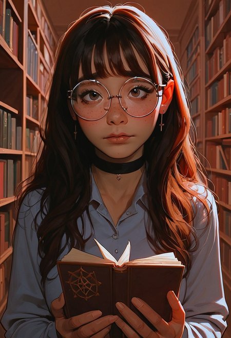 score_9, score_8_up, score_8_up, 1 Asian girl, 1 girl, brown hair, ((long hair)), ((bangs)), straight hair, choker, portrait, nervous, looking up at viewer, blushing, happy to see viewer, POV, holding book, in library, round aesthetic glasses, ((studious, nerdy outfit)), average tits, teardrop shaped tits, fit body, thin waists, beautiful, day lighting, negative_hand, g0thicPXL, GTA