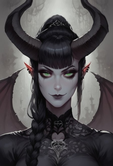 score_9, score_8_up, score_7_up, arts_angel. arts_angelstyle. Christian Angel. Christian Angel Style detailed_eye_model, BREAK, 1woman portrait, beautiful, dramatic lights ((Succubus, Demon Girl, Succub, horns, seductive, seductive look, goth, goth girl, goth makeup, green eyes, wings, bat wings grey skin, grey colored skin, black hair, long braided ponytail, bangs, side bangs, happy, smug))