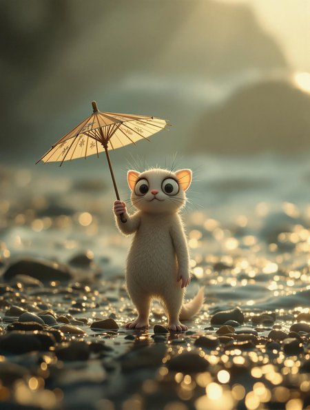 An enigmatic composition bathed in soft, diffused light, blending whispers of surrealism and melancholia. The scene unfolds in a cinematic atmosphere where subtle textures and delicate grains add depth, while the interplay of light and shadow enhances the quiet intensity of the moment. A subdued color palette merges with ethereal haze, evoking a dreamlike quality and timeless stillness. The central subject –A playful creature stands confidently on the sparkling wet pebbles of a sunlit beach, proudly holding a delicate cocktail umbrella in its hand as if shading itself from the golden rays. Its large, curious eyes peek toward the camera, giving it a mischievous charm. The background blurs into soft waves glistening under warm evening light, creating a dreamy atmosphere..– is delicately framed, their presence balanced between mystery and intimacy. Surrounding elements, rich in symbolic undertones, anchor the narrative in an otherworldly context. Organic details like softly swaying flora or faintly glowing surfaces contrast with stark, haunting figures, creating a juxtaposition that is both poignant and surreal. The composition invites introspection, with negative space amplifying the mood's resonance. Every detail, from the atmospheric depth to the muted highlights, serves to craft an image that feels suspended in an emotional, poetic realm, steeped in quiet nostalgia.
surreal style