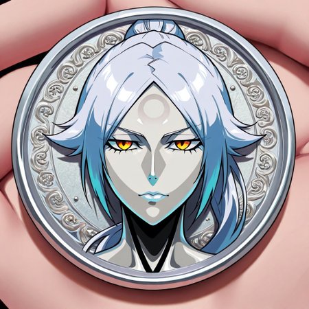 masterpiece, best quality, newest, absurdres, highres, anime, anime style, TheC0in, objectification, 
TheC0in-silver, silver, silver coin, coin, made of silver, silver skin, silver hair,
1girl, shihouin yoruichi \(bleach\),