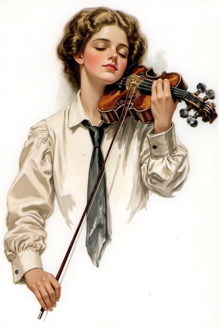 hafisher1 illustration. 
A young woman playing a violin with eyes closed.. She has curly, light brown hair styled in loose waves. She is dressed in a high-necked, long-sleeved white blouse with puffed sleeves, and a black tie.
 <lora:hafisher1_cap_d6a3e12:1.0><lora:829844792050689355:0>