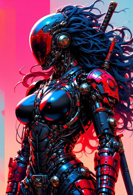 mythp0rt, Inkpunk Anime BREAK, cyberpunk robot samurai woman, robot face with mirrored face shield, hyperdetailed helmet, flowing black hair, reflective black and red armor, robot joints, body made of metals, cables and wires, a katana strapped to her back, abstract colour gradient background