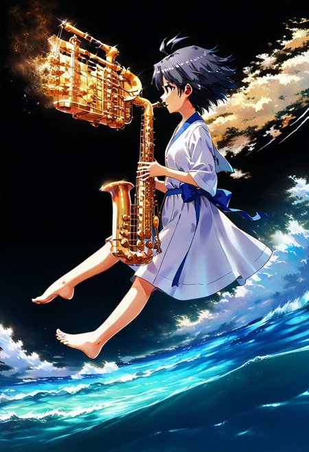 score_9, score_8_up, score_7_up, score_6_up, source_anime, <lora:Worldly_XL:1.25> (1girl, levitating, levitation, flying:2), instrument, solo, solo focused, Kikuchi Makoto is levitating in the air in white tunic playing saxophone, playing instrument, <lora:Sheeps_Saxophone:0.8> SH_S4X, <lora:KikuchiMakoto_pony_v1:0.9> kkcmkt, (Kikuchi Makoto, full shot, full frame, barefoot:2), short hair, black hair, antenna hair, hair between eyes, black eyes, flat chest, small breasts, white tunic, barefoot, ElementsMix (Fire:0.5), (Earth:0.9), (Wind:1.0), (Water:1.0), magical, <lora:ElementsMixPDXL:0.50> Landscape, stunning, made of light, arsworldoflight, <lora:ArsMorph_-_World_of_Light:0.45> <lora:loraeyesxl:0.4>