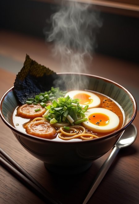 A perfect steaming bowl of ramen, thing noodles, light clear broth, half a boiled egg, chopped green onions, naruto, kelp, sesame seeds, chopsticks on the side, ramen spoon on the right,
Photorealistic, Highly detailed, masterpiece, 4k, high resulution, great lighting,