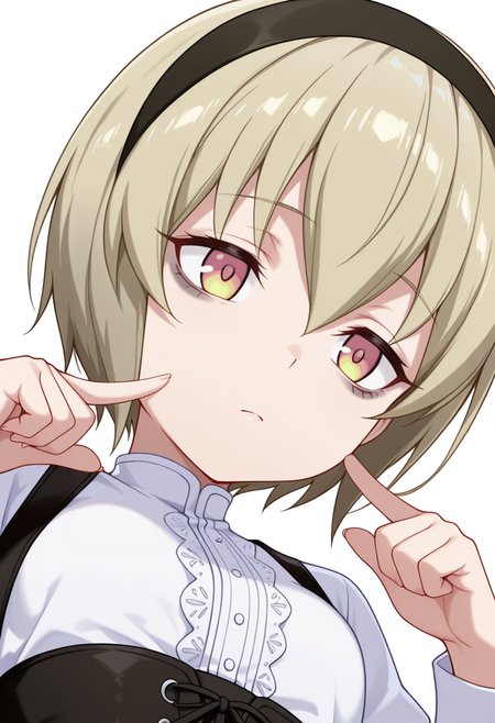 Smooth Quality,masterpiece,very intricate, high quality details, ultra realistic, high detailed skin,detailed enviorement,absurdres,
pointing at self,
 <lora:Pekora_CNR:0.8> pekora_cnr, 1girl, blonde hair, short hair, bangs, yellow eyes, multicolored eyes, shiny hair black hairband,bags under eyes,, exhausted,, simple background, white background, from below,solo,, waistcoat,   ,lace-up top,  ,high-waist skirt,  ,