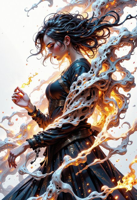 A Dynamic, colorful and full of movement, expression and sentiment hyper-realistic 3d anime version of A human figure partially emerging from swirling smoke . Background is completely white . Clothing and body are partially dissolving into ethereal smoke. Facial expression is calm and serene, eyes softly closed . Hairstyle is wild and disheveled, caught in wind with wisps of smoke . Figure positioned in an abstract, undefined space with swirling smoke patterns . Pose is graceful and balletic, arms extending with smoke trails following movement . Clothing details are ethereal wrappings glowing faintly, with glowing embers swirling around. Scene elements include mist taking abstract shapes . Style is impressionistic, abstract smoke movements. Lighting is dramatic, with rim lighting emphasizing silhouette. Background smoke-filled with faint hints of abstract geometric shapes. Smoke colors faint white, ghostly effect. Additional details subtle reflections, as if above water, with smoke trailing down.<lora:Flux/MysticFantasy.safetensors:1.0:1.0>