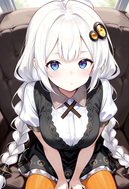((((((masterpiece)))))), ((((((best quality)))))), ((((((very aesthetic)))))), ((((((absurdres)))))),  masterpiece, best quality, absurdres, facing viewer, hair ornament, black dress, short sleeves, striped legwear, pantyhose, nsfw, 
1girl, Kizuna Akari, white hair, blue eyes, braid,