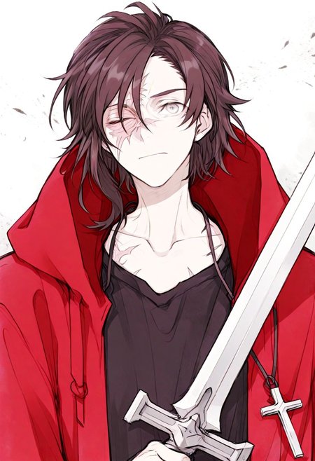 Solo , 1 boy ,  score_9, score_8_up, score_7_up, score_6 , day , grass background  , blazblue, Akai_rose , brown facial hair , grey eyes , eye scar in left eye , black t-shirt , red cape , wearing cross necklace , looking at viewer , front view  ,  angry , upper body only, upper body focus , closed eyes , neck lateral flexion , holding silver sword in front of his face , half of the face is covered by the sword