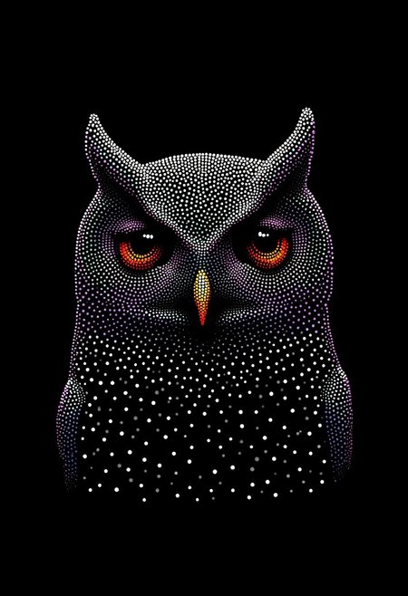 A serene owl with wide, intense eyes, made from glowing dots, in the style of PSYCHDOT, isolated on a solid black background