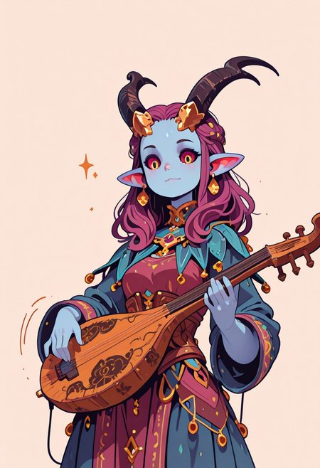 masterpiece,best quality,amazing quality, 1girl, solo, looking at viewer, simple background,  haiz_ai, in the style of cknc, Flatline, Flat vector illustration,1girl,solo, alfira, alfiraOutfit, colored sclera, playing, music, lute,