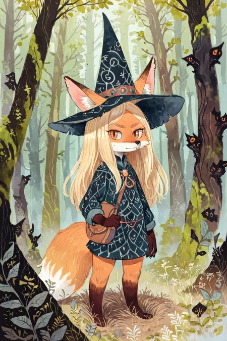 (anthro fox girl:1.4),(blonde hair:1.2),(solo:1.5),ameli
forest,witch outfit and hat,grass,cowboy shot, 
<lora:Perfect Hands:1> <lora:age_slider_v4:-2> <lora:Ameli:0.8>, score_9, score_8_up, score_7_up, score_6_up, score_5_up, score_4_up,zPDXL