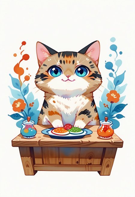 score_7_up, score_8_up, score_9, (full body:1.15), cat, animal kitten, chibi animal cat, Kus1cat, Chibi Art Style, furr, 
cute cat, game character, very cute, chef, watercolor style,
(Wooden table with colorful tablecloths detailed background:1.19), HQ,