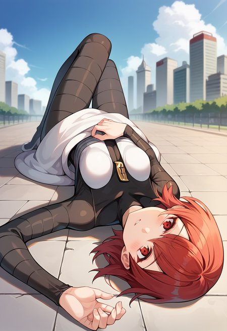 score_9, score_8_up, score_7_up, source_anime, masterpiece, 1girl, red hair, ctianm4rs, bodysuit, white short dress, outdoors, city, depth of field, looking at viewer, lying, on ground, <lora:Mars_pokemon_pony_ct_version2:1>