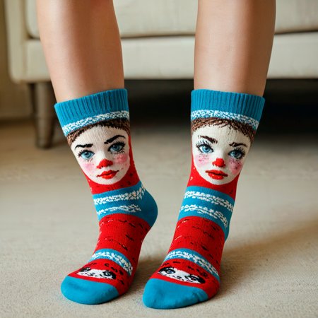 Socks with a pretty face knitted in them.

<lora:Socks01_CE_XL_300-OT:0.6> scksCE_style