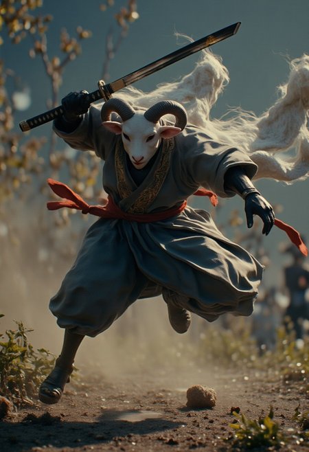 anthropomorphic Lamb ninja warrior leaping about wielding a samurai sword. photograph, action photography, cinematic,