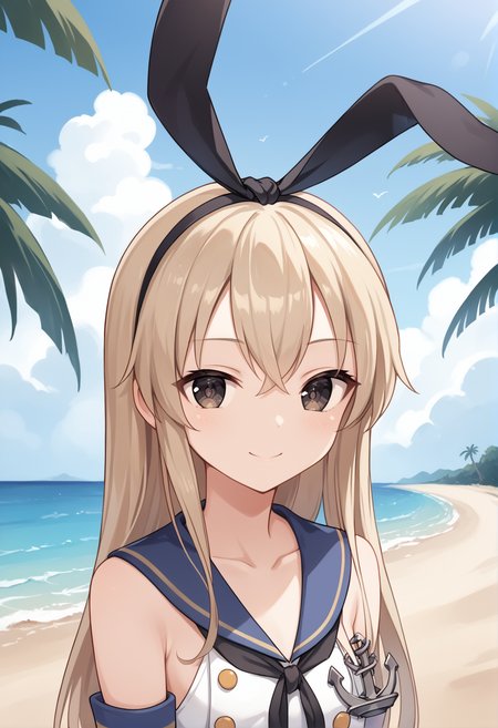 score_9, score_8_up, score_7_up, source_anime, masterpiece, best quality, highly detailed background, cinematic lighting, detailed eyes, detailed pupils, perfect face, solo,
Shimakaze, unique outfit, anchor, cute, smile, portrait,
beach, water, sand, clouds, midday, palm trees,
 <lora:shimakaze:0.8>