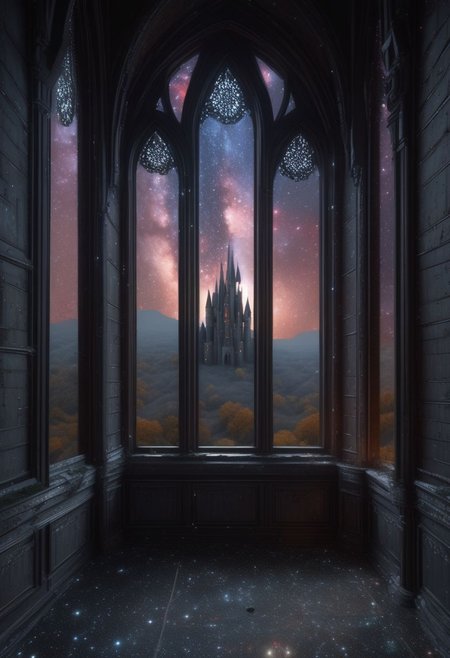 an abandoned Gothic castle with views of extraterrestrial galaxies from the windows. 4k, high-detail hyperrealism, HD quality, high-detail masterpiece. 4k, high-detail hyperrealism, HD quality, high-detail masterpiece