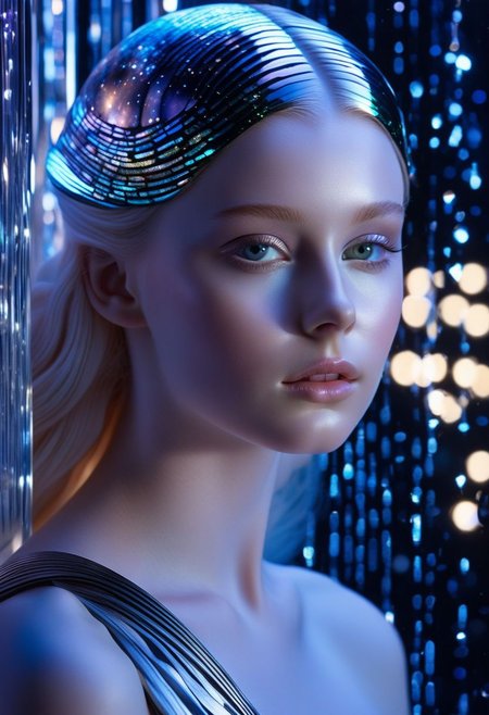full body long shot, highest esthetic score, photo of a exquisitely beautiful pale skin  european 1girl, 20yo, modern implementation of sci-fi  "botichhelli The Birth of Venus" fantastic epic masterpiece, starlight falls on beautiful young face. Depth of field, insane details:1.4,  ultra detailed, absurdres, 1:280f Zeiss lens, long aperture, abalone shell, fiery opal, platinum, obsidian