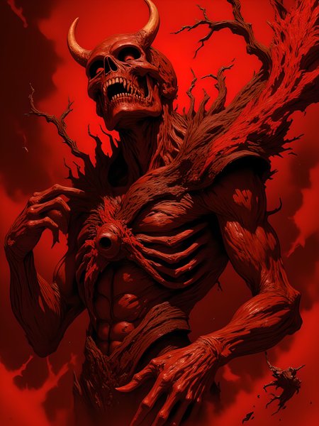 A surreal, nightmarish depiction of a monstrous skeletal figure rendered in the eerie, organic, and grotesque Vermis style. The creature dominates a crimson-red background, the atmosphere drenched in blood-like hues. Its elongated, distorted frame is adorned with jagged, protruding bones and dripping, fleshy textures, evoking a sense of visceral horror. Its weapon—a horrifying amalgamation of rusted metal and pulsing organic matter—feels alive, oozing malice and decay. The creature's eyeless, gaping skull emanates an ominous glow, its teeth sharp and uneven, seemingly ready to devour. Surrounding it, the red mist swirls, heightening the macabre ambiance, with faint, grotesque forms writhing in the haze. The composition captures raw, unfiltered terror, blending intricate, unsettling details with a haunting, otherworldly atmosphere. The entire scene pulses with dread, creating a horrifying visual testament to despair and doom. aidmaimageupgrader, aidmaMJ6.1m, detailmaximizer, mythp0rt, ne0nfant4sy, drkfnts <lora:aidmaImageUpgrader-FLUX-V0.2:1.0> <lora:flux.1_lora_flyway_Epic-detail_v2:0.8> <lora:aidmaMJ6.1_aidmaMJ6.1-FLUX-v0.4:0.8> <lora:drkfnts style_sxz-Dark-Fantasy-v2-Flux:0.76> <lora:v1v1dr34m:0.6> <lora:ne0nfant4sy_NeonFantasyPrimeFLUX-000049:0.68> <lora:mythp0rt_FluxMythP0rtr4itStyle:0.66>