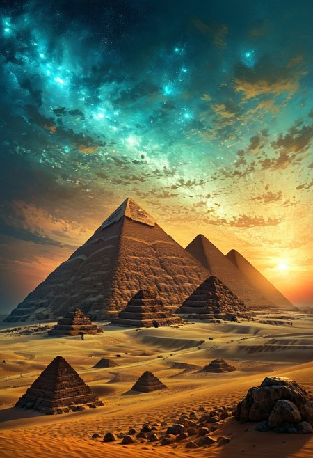 (by Ellen Jewett:1.5), (Bioluminescent Impressionism, Egyptian landscape, The Dreamland, Egyptian desert, sand, rock, great pyramids, fine pyramids, smooth pyramids, techno pyramids with great beams of light shooting up into the sky,  sky sunset, sunrise ,waterfall, ethereal landscapes, depth of field, biotech emotion:1.3) <lora:xl_more_art-full_v1:0.5> <lora:add-detail-xl:1> <lora:RMSDXL_Creative:2>