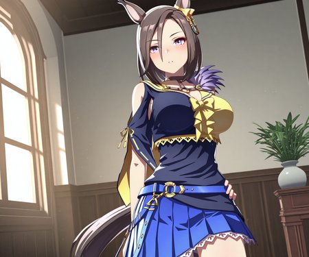 masterpiece, best quality, amazing quality, , 1girl, solo, looking at viewer, cowboy shot,   <lora:Air Groove in game style 3D ILL-v2.1:1> ummsmingame, 3d, air groove \(umamusume\), two-tone shirt,
