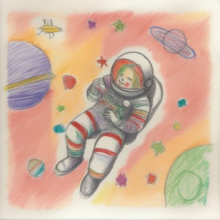 An astronaut floating in space, knitting a scarf  <lora:crayons_v1_sdxl:1>