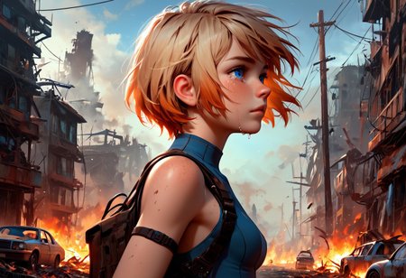 1girl, Masterpiece, 4k, ultra high detail, score_9, score_8_up, score_8, 18yo, petite, medium breast, short blonde hair, fcNeg, stunning blue eyes, freckles, white skin, small nose, innocent beauty, slim face,  skinny petite body, 
Torn sport clothes
Fear in her eyes, crying, 
Sideview,  Apocalyptic scene, burning skyscraper, burning city, derstroyed cars, a huge asteroid swarm in the sky, 
Many asteroids in the sky, 
End of the World, 
negative_hand, NightScapes,