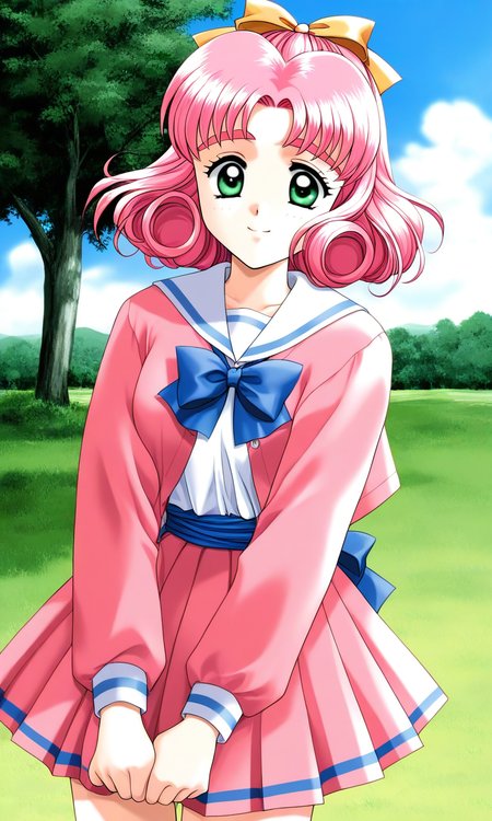 general,highres, ultra-detailed,very aesthetic,best quality ,best hands, BREAK <lora:Minagawa_Nana_kakyuusei_Ver2.0_IS:1>
Minagawa_Nana(kakyuusei), 1girl, solo, pink hair, short hair, hair bow, ribbon, green eyes, curly hair, 
school uniform, long sleeves, bangs, pink skirt, pink jacket, pleated skirt, blue bow, white shirt, blue sash,
smile, v arms, cowboy_Shot, open jacket,
grass, tree, sky, day,