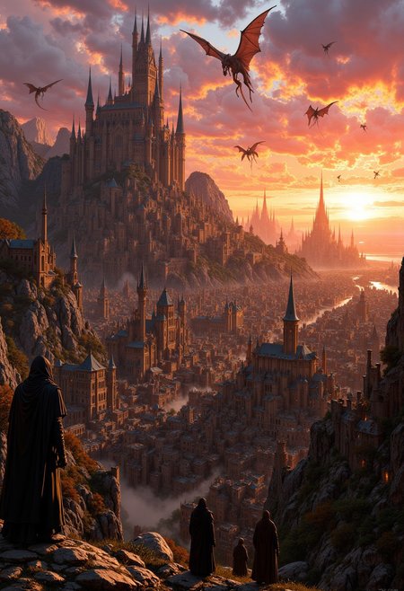 a medieval-style cityscape at sunset. The layout features a sprawling city with a large, ornate castle on the left, characterized by multiple spires and turrets. The city is densely packed with rustic buildings, their rooftops varying in height and style, creating a complex, layered appearance. In the foreground, three figures in cloaks stand on a rocky outcrop, observing the scene. The sky is filled with warm hues of orange and pink, casting a dramatic light over the landscape. Several dragon-like creatures soar through the sky, adding a sense of fantasy and adventure. The overall atmosphere is mystical and immersive, capturing the essence of a fantastical world.