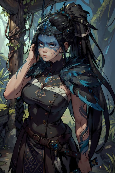 (masterpiece, best quality:1.2), celtic tiara, black hair,  <lora:SenuaHell:0.7>