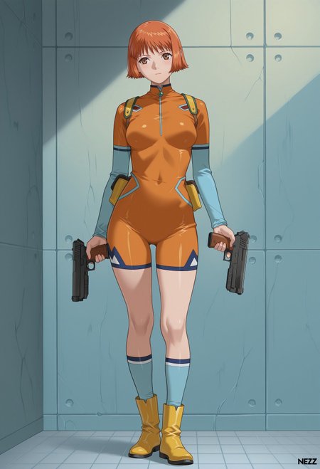 masterpiece, best quality, amazing quality, intricate, hyper-detailed, excellent, ultra-high resolution, absurdres,newes, (1girl, solo), <lora:Mezzo_ForteA_KITEV1:1>,,Mezzo Forte,
1girl, standing, brown eyes, orange hair female,
orange bodysuit, yellow boots, blue socks, holding gun, m_mikura ,