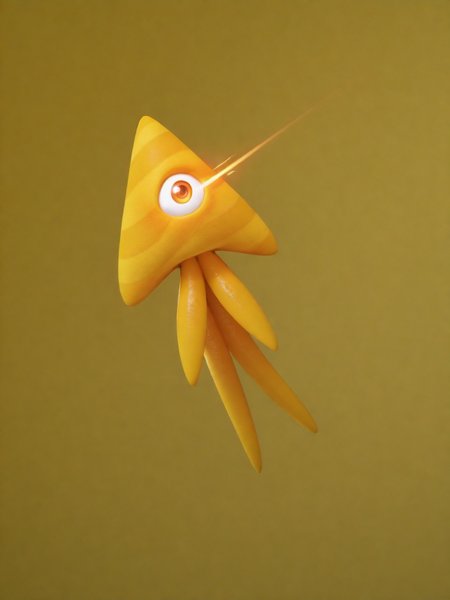 ILXLpos,solo,YellowWisp, bright yellow smooth triangular body, subtle horizontal stripes, large round single reddish-orange eye, Three elongated curved appendages extend from base resembling fins or tentacles,(heat vision,eyelaser),<lora:Laser Vision:1.2>,<lora:Yellow Wisp:1.0>