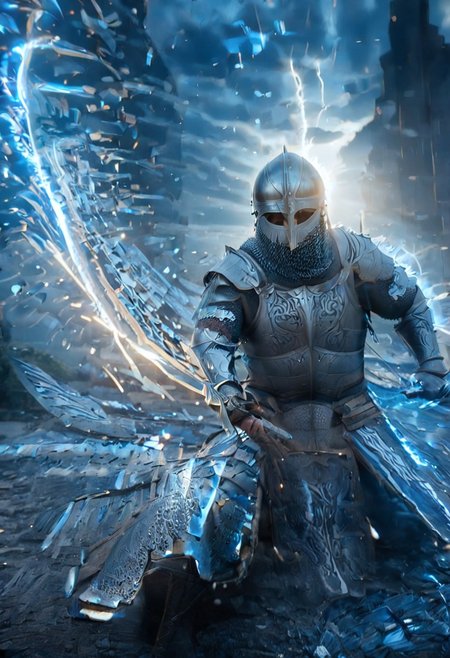 1man, armored Viking warrior in lamellar armor, wearing Viking helmet and lamellar armor, Incoming sword, broken glass, brave perspective, reflection, glowing lightning slash, Viking sword, blue flames, shatter, holding sword, glowing sword, motion blur, emphasis line, outdoor in the darkness, looking at viewer,