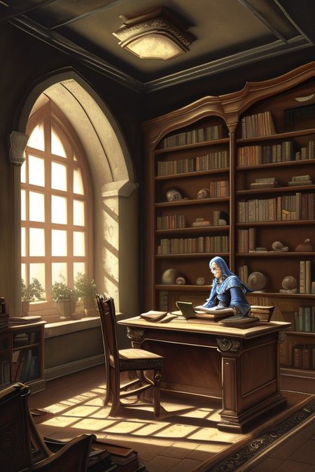 RAW photo, (masterpiece:1.3), subsurface scattering, heavy shadow, (high quality:1.4), (intricate, high detail:1.2), professional photography, HDR, High Dynamic Range, realistic, ultra realistic, photorealistic, high resolution, film photography, ambient lighting, atmospheric effects, <lora:detail_slider_v4:2>, OverallDetail, a scholar sitting in an office, desk, books, shelves, FanStu, <lora:FantasyStudy-10:0.7>, epiCPhoto