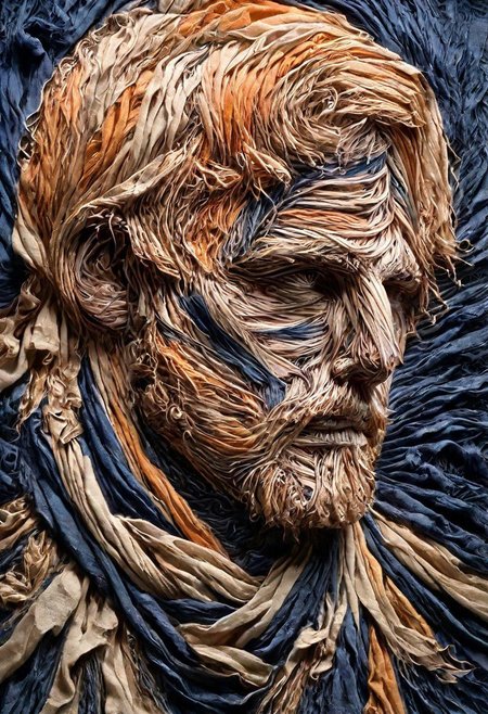 RAW closeup photo, impressive man, macro shot,( dark blue, orange, gold,  embroidery scarf), masterpiece, colorful details, golden threads embroideries, award winning, high detailed, 8k, natural lighting, analog film, amazing composition, intricate details, subsurface scattering, vellus gold hairs, amazing textures, soft light